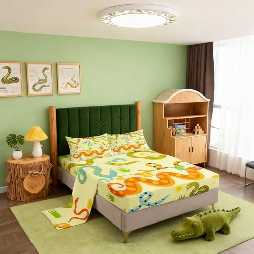 Snake Fitted Sheet Full Size,Cartoon Snake Print Bed Sheet Sets for Kids Teens Adults,Wildlife Animal Top Flat Sheet 3 Piece,Light Yellow Bedding Sets Bedroom Decor Soft with 2 Pillowcase
