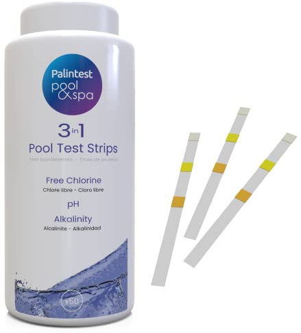 Palintest Premium 3-in-1 Pool- und Spa-Teststreifen zum Testen von Whirlpools, Wannen, Pools und Wasser, Chemikalientests für Chlor, pH-Wert und Alkalinität (3-in-1-50 Teststreifen)