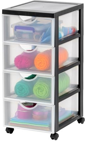 Iris Ohyama Cassettiera in Plastica con ruote, 4 Cassetti Piccoli, Nero, Maniglie facili da tirare, Organizzatore, Per Camera Da Letto, Bagno, Scuola e Ufficio, Senza BPA, Contenitore, DDDC-004