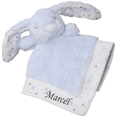BotoBaby® - Schmusetuch mit Namen und Geburtsdatum - Kuscheltuch - (Blau - Hase Flauschig)
