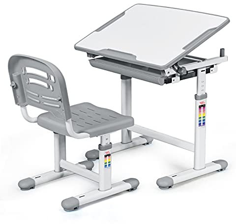 LIFEZEAL Juego de Escritorio Infantil, Mesa y Silla con Altura Ajustable para niños, Escritorio ergonómico con cajón compartimentados, para estudiar, Dibujar, Trabajar(Gris)