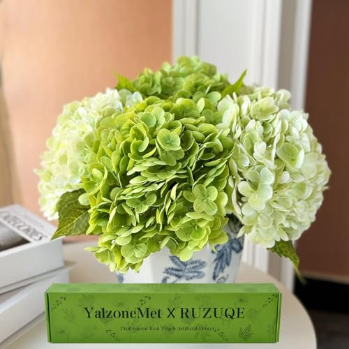 YalzoneMet Hortensias Artificiales Naturales realistas de látex de 21 Pulgadas, Tallo Largo, 2 Ramos de Flores de Color Verde Claro + 2 Ramos de Flores de hortensias Verde Oscuro para decoración del