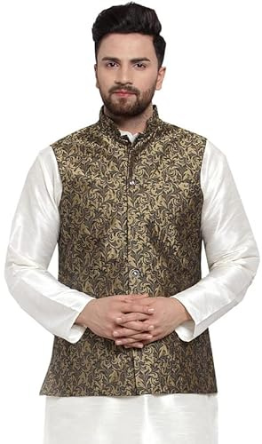 Maple Clothing Jacquard Men's Sleeveless Traditional Indian Closed Neck (Gold, M)