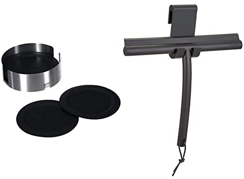 blomus -LARETO- Set 6 Untersetzer aus Silikon, Behälter aus Edelstahl & VIPO- Duschwischer aus Silikon,Magnet,Duschabzieher in exklusiver Optik,streifenfreie Reinigung, Badaccessoire mit Halterung