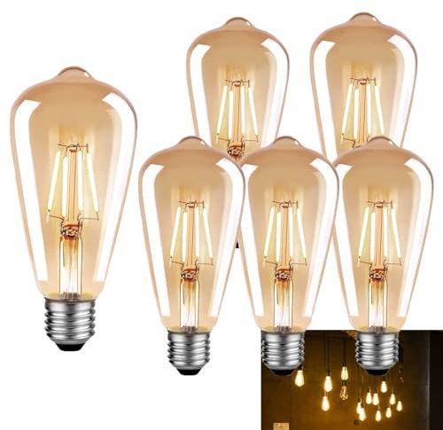 FEILEMAN E27 LED Vintage Dimmbar Edison Glühbirne E27 5W(Erstezt 50) Retro LED Lampe Golden Warmweiss 2700K Filament ST64, Ideal für Nostalgie und Retro Beleuchtung im Haus Café Bar usw- 6 Stück