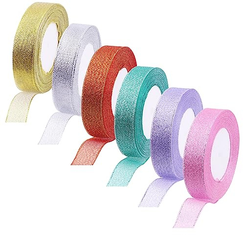 Swpeet 6 rullar totalt ca 137 m, varje rulle ungefär 2 cm × 22,9 m, 6 färger metalliskt glitterband, högtidsfestival satinband, presentinslagningsband för presentinslagning födelsedagsfest dekoration