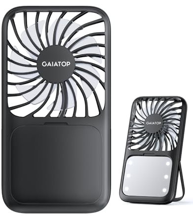 Gaiatop Portable Handheld Fan, Folding Stand for Desktop, 3 Speed LED Makeup Mirror with Light, Rechargeable Mini Personal Fans Small Travel Essentials Gifts for Women Girls Black