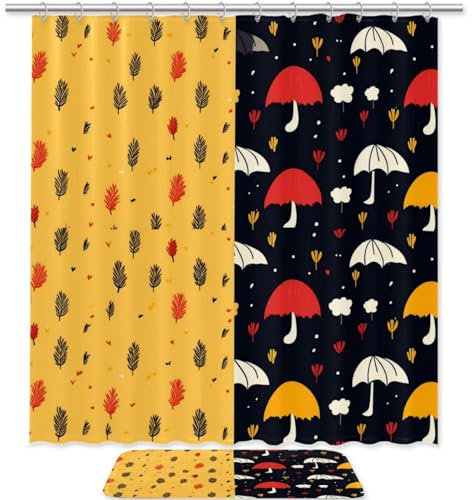 Juego de cortinas de ducha, juego de cortinas de ducha con alfombras, paraguas de hoja de lluvia, nube, cortina de ducha