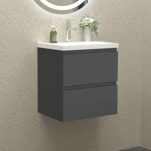 HAPAOSO Meuble Salle de Bain avec Vasque 50 cm + Casier Couleur Anthracite（Deux tiroirs）