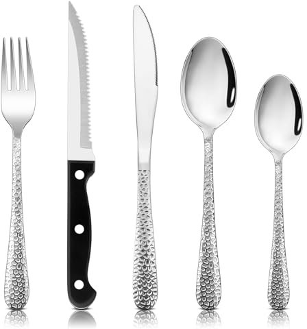 HaWare 30 Piece Cutlery Set, 24 Piece Stainless Steel Hammered Flatware Silverware with 6 Steak Knives Include Forks Spoons, Mirror Polished & Dishwasher Safe - Service for 6
