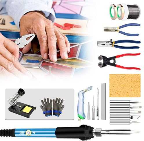 Kit di avvio professionale per vetro colorato, con kit di utensili tagliavetro, kit saldatore da 60 W, nastro in lamina di rame da 2 m, filo per saldatura da 500 g, guanti resistenti al taglio, kit