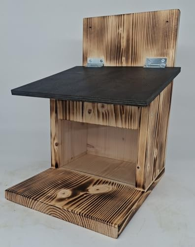 Holzdeko-Ma Eichhörnchen Futterhaus - Eichhörnchen Futterstelle - Edel Geflammt - XXL - Fichtenholz - Eichhörnchensicher & Wetterbeständig - Hängend-Halterung