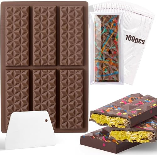 Silikonform Schokolade, 1 Stück Schokoladenform Tief Silikonformen mit 6 Mulden für Schokolade Praline Süßigkeiten, DIY Süßigkeiten Schokolade Backen Form mit 1PCS Teigschaber 100PCS Süßigkeiten Tüten