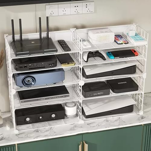 Moderner CD-Player-Ständer, Audio-/Video-/Medienständer mit höhenverstellbaren Regalen, Ständerschrank, Audio-Rack, Lagerregale, kleiner Audioständer, Medienaufbewahrungsschrank für TV-Zubehör (weiß
