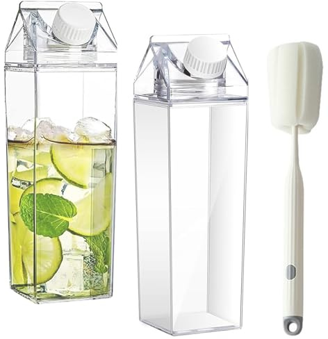 YUNXCNA 2 Piezas Botella de Agua transparente, 1000 ml Reutilizable, botella Cuadrada con Cepillo, gran capacidad para Picnics