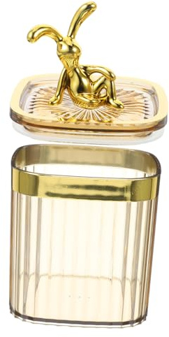 GARVALON Contenedor para Hisopos de Algodón Tapa en Forma de Conejo Dorado, Organizador de Tocador Elegante y Transparente de Material PP para Ahorro de Espacio