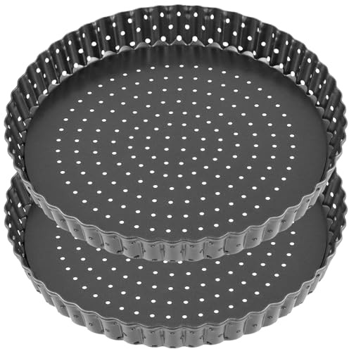 CHIHEUNG 2 PCS Tart Tin, 20 cm Quiche Tins with Loose Base, Non Stick Perforated Fluted Pie Dish for Pizzas Tarts Flans Pies
