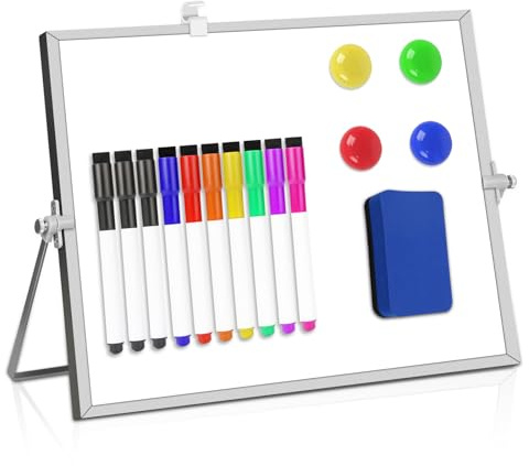 Mini tableau blanc, format A3, avec support, 30 x 40 cm, magnétique, effaçable, portable, double face, pour la planification, l'école et le bureau, avec 10 marqueurs, 4 aimants, 1 éponge