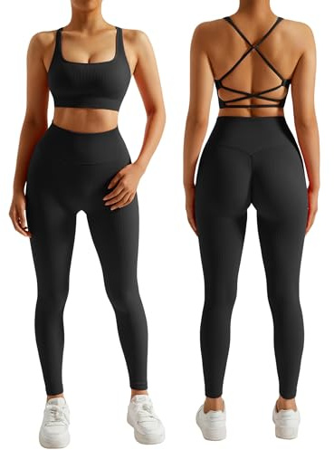 RXRXCOCO Gerippte Sport Set Damen Gym Workout Set Rückenfrei Oberteil Nahtlose Leggings Outfit Fitness Schwarz M