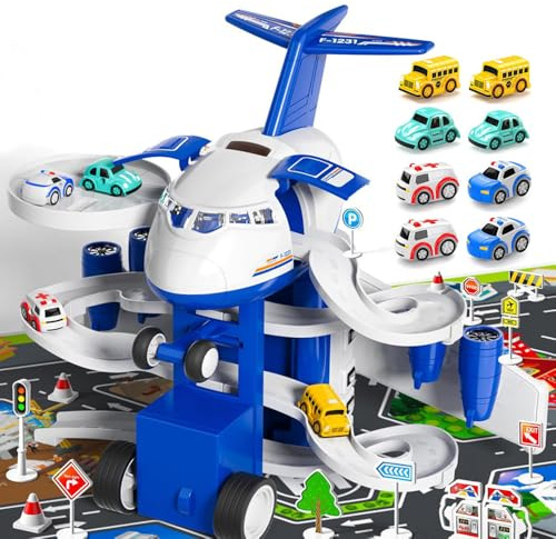 JOAASU Avión juguete de carreras modelo de juguete para coche, juego de pista de automóviles, modelo de juguete del aeropuerto, incluye 8 camiones de fundición a presión y una alfombra de juego