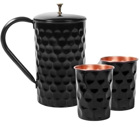 Premium Kupferbecher Set von 56.7 - 453.6 g Diamantform Trinkgeschirr + 1,5L Krug, handgefertigt für Moscow Mule, Cocktails, Eiskaffee & kalte Getränke - Elegantes schwarzes Kupfer Trinkgeschirr