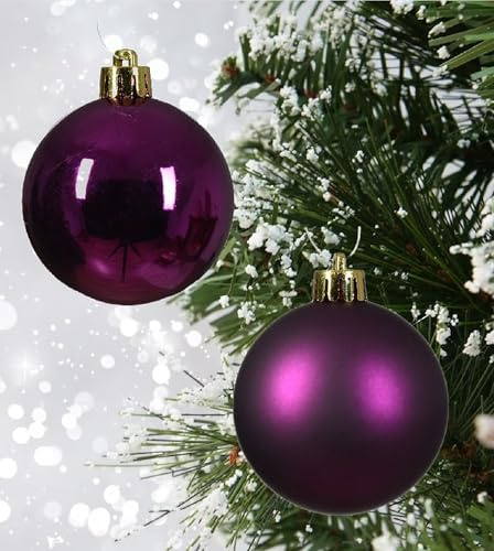 12 fig purple christmas baubles - round xmas decorations - christmas tree hanging ornament - 6cm 60mm baubles - matt & gloss finish - tree wreath garland decorations.