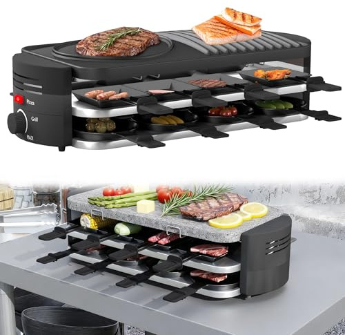 YRHome Raclette Grill für 8 Personen mit Naturgrillstein & Antihaft-Grillplatte, 1600W Elektro Tischgrill mit 8 Pfännchen – Partygrill ideal für Käse, Fleisch & Gemüse