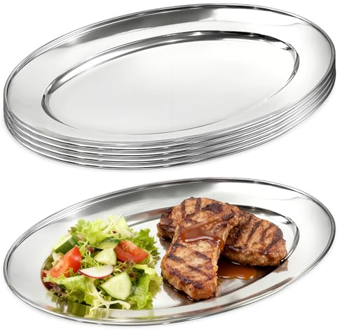 Seuqhck 6 Packs Stainless Steel Oval Platter, Metal Sizzler Plates, Oval Aluminum Sizzler Platter for Decorative Snack Candy Pizza Fruit Camping Sliver Long & Deep 13.3 x 8.43x 0.8 inches