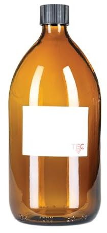 TEC 1 litre Bottle Amber Glass 65% Recycled Black Screw Caps UK Made | UK Made Large for Cleaning and Brown Water Oil Essential Oils Recyclable with Labels Wrapped in Sustainable Paper