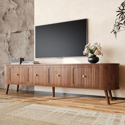 NADEUSAK Mueble para TV color nogal 180 x 38 x 47 cm, moderno soporte para TV, panel de soporte bajo, cuatro puertas, asas doradas, patas de madera, diseño único