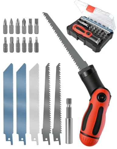 19 in 1 Hacksaw and Screwdriver Set, Hand Saw with 5 Interchangeable Saw Blades and 12 Screwdriver Bits Multi-Cutter Tool for Wood, Metal, Plastic, Rubber, DIY and Home Repair