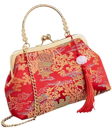 Hrtyvhin Bolso bandolera práctico, estilo tradicional chino, bolso de hombro bordado, bolsos de noche para mujer, para bodas, uso diario, bordado, Con cadena de borlas, M