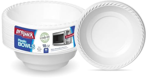 Propack [50 Count] Disposable Plastic White 18 oz Heavy Weight Bowls, Great For Weddings, Home, Office, School, Party, Picnics, Take-out, Fast Food, Outdoor, Events, Or Every Day Use