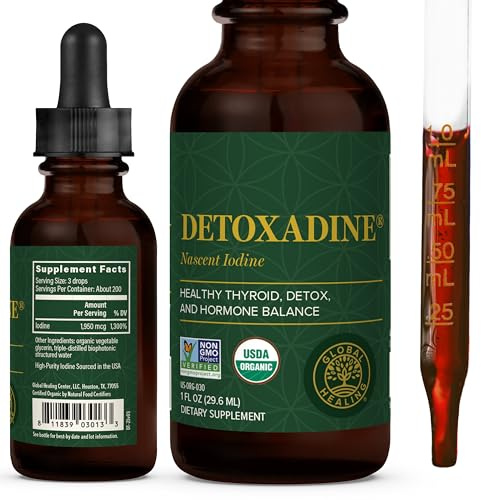 Global Healing Center - Detoxadine - Organic Nascent Liquid Iodine Supplement Drops for Thyroid Support, Detox Cleanse, and Metabolism - Non-GMO, Vegan, 200 Servings Iodine Drops (1 Oz)