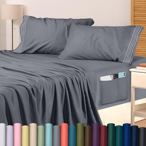 Utopia Bedding Queen Sheet Set – Soft Microfiber Queen Sheets 4 Piece Hotel Luxury Bed Sheets with Deep Pockets - Embroidered Pillow Cases - Side Storage Pocket Fitted Sheet - Flat Sheet (Grey)