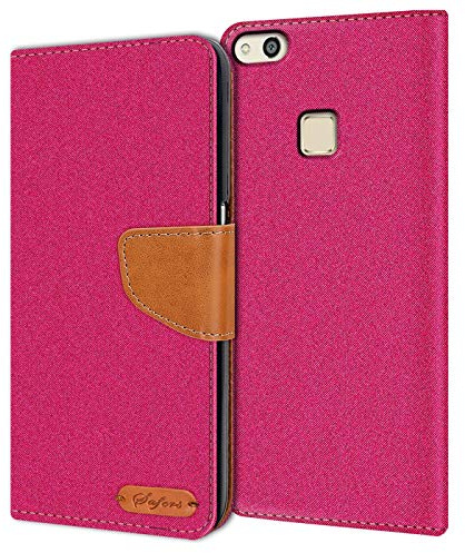 Verco Coque pour P10 Lite, Étui Portefeuille Compatible avec Huawei P10 Lite Case Textures de Fibre Housse de Protection, Rose