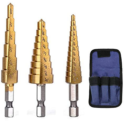 3PCS Foret Fraise Meche Etage, HSS Inox Metal, 4,7-12,7/ 6,3-19, 9/ 3-13mm, Triangle Conique Titane, avec Tige Hexagone, Pour Visseuse Percage sur Acier, Laiton, Bois, Plastique