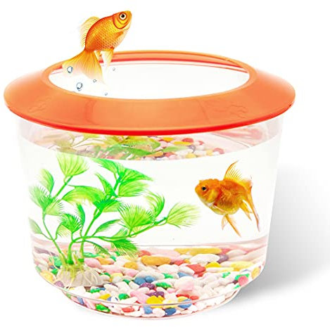 Goldfish Tank – Small Fish Tanks and Aquariums – Fish Bowl – Starter Kits with Gravel Ornamental Plant – Complete Set up for Kids Fishes Tank (Orange)