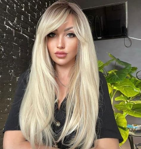 LEMEIZ Platinum Blonde Wig with Fringe, Wigs with Bangs, Ombre Brown to Blonde Wigs, Synthetic Straight Hair Long blonde Wig Fancy Dress 22 inch LEMEIZ-156