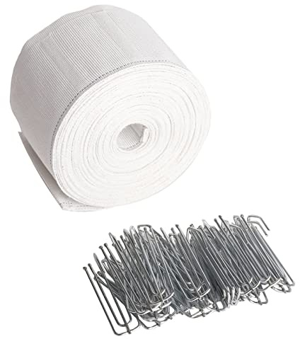 Curtain Pleat Tape, 10 Meters/10.9 Yards Pleater Tape for Curtains, Included 30 Pcs Stainless Steel 4 Prongs Curtain Pleater Hooks for DIY Pinch Pleat Curtain, White