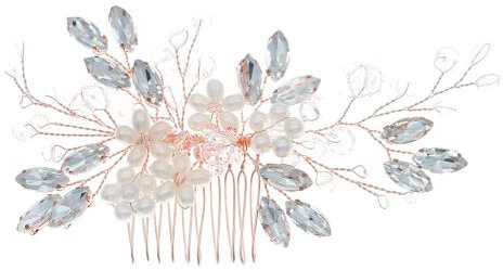 Tanduaji Braut Haarkamm Perlen Blumen Kristall Strass Haarschmuck,Brautschmuck Vintage Hochzeits Haarkamm Roségold Überzogen