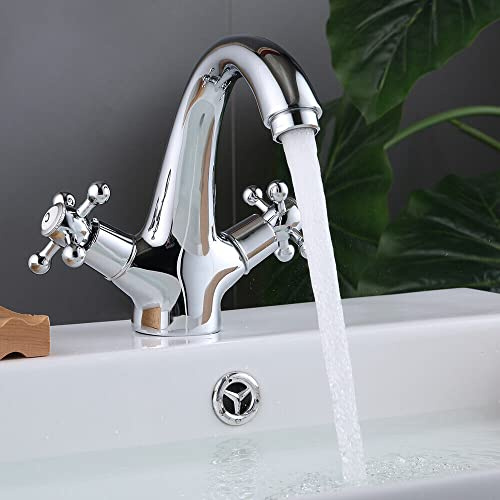 Wasserhahn Zweigriff Retro Bad Wasserhahn Küche Bad Spültisch Armatur mit 2 Schläuche Mischbatterie