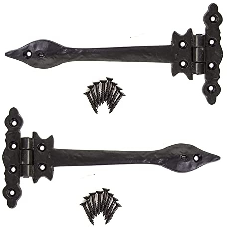 Black Cast Iron Gothic Spear Tee Hinges 210mm with Screws, Pack of 2 | Two black cast iron Gothic spear tee hinges with matching screws for shed doors, gates, garages, chests and barn doors.