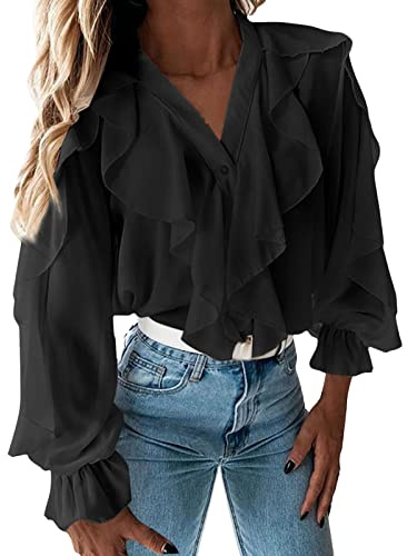 Volant tinta unita con scollo a V, elegante camicetta con maniche a sbuffo per donne camicie sexy, Nero , XXL