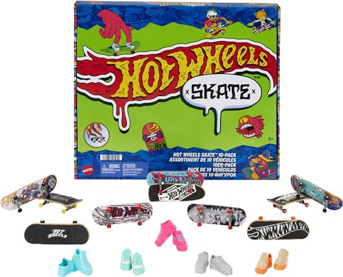 Hot Wheels Skate-Fingerboards 10er-Pack, Set aus 10 Finger-Skateboards mit 5 Paar abnehmbaren Skateboard-Schuhen im Hot Wheels Design, HTP59