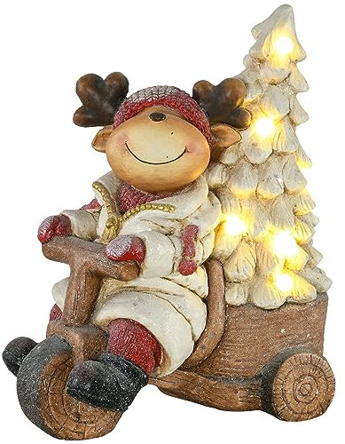 HOMCOM Weihnachtsdekoration, Rentier auf Dreirad mit Weihnachtsbaum, 44 cm Dekofigur zu Weihnachten, Weihnachtsfigur mit LED-Licht, für In- und Outdoor