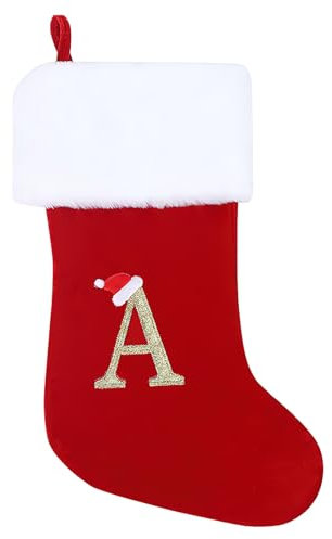 Personalized Christmas Stockings 45 cm Initial Monogram Embroidered Letter Christmas Stocking Red Velvet Xmas Stockings Classic Christmas Stockings Holiday Decor Tree Decoration for Kids & Adults (A)