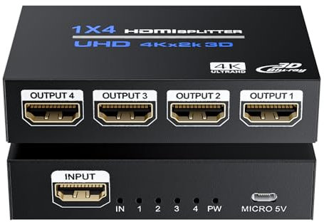 BolAAzuL 1x4 HDMI Splitter 4K - 1 in 4 out Hub Audio Video Distributor Box With Power for 4 Monitors Mirror Display Multi-Screen for TV PS3 PC DVD Projector