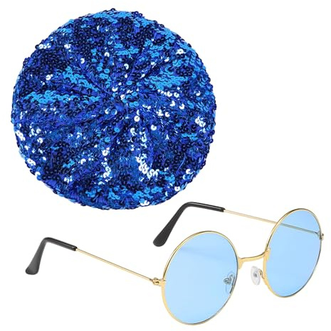 SLEEKEE 1 Stück Millinery Und 1 Stück Karnevalsbrille, Glitzeranzug, Bunter Paillettenhut, Glitzerbaskenmütze, Hip-Hop-Sonnenbrille, Retro-Rundbrille Für Maskerade, Party, Abschlussballkleid (Blau)