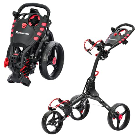 XDriveMax GC408 Folding Golf Trolley, 3 Wheel Golf Trolleys Lightweight Golf Bag Pull Cart,Golf Cart for Golf Clubs and Golf Bag with Cup Holder Scorecard Holder/Storage Compartment(Red)